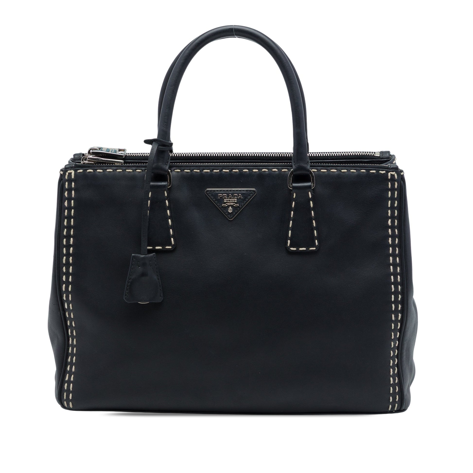 Prada Medium City Calf Hand Stitched Galleria Double Zip Satchel