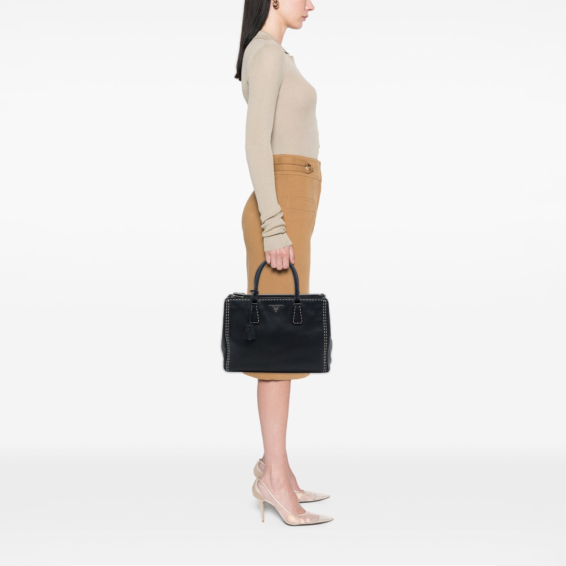 Prada Medium City Calf Hand Stitched Galleria Double Zip Satchel