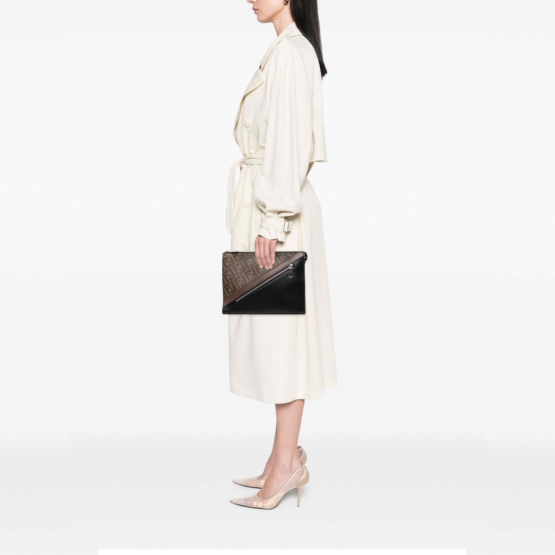 Fendi Zucca Coated Canvas Diagonal Front Zip Clutch