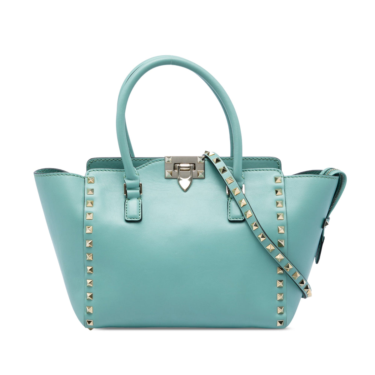 Valentino Small Leather Rockstud Double Handle Tote — Blue