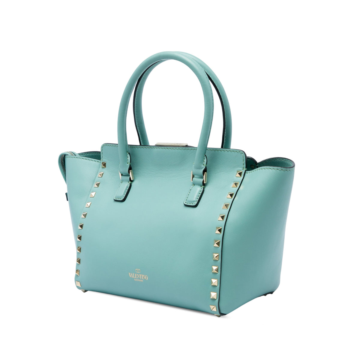 Valentino Small Leather Rockstud Double Handle Tote — Blue