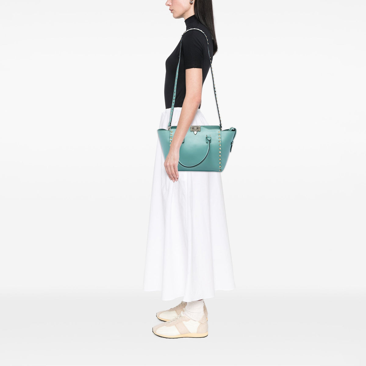 Valentino Small Leather Rockstud Double Handle Tote — Blue