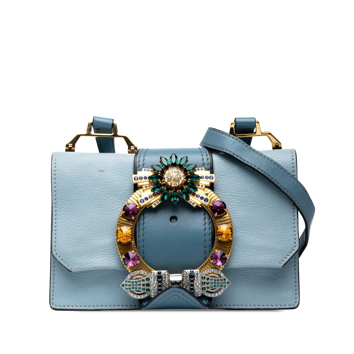 Miu Miu Goatskin Madras Soft Calf Crystal Embellished Crossbody — Blue