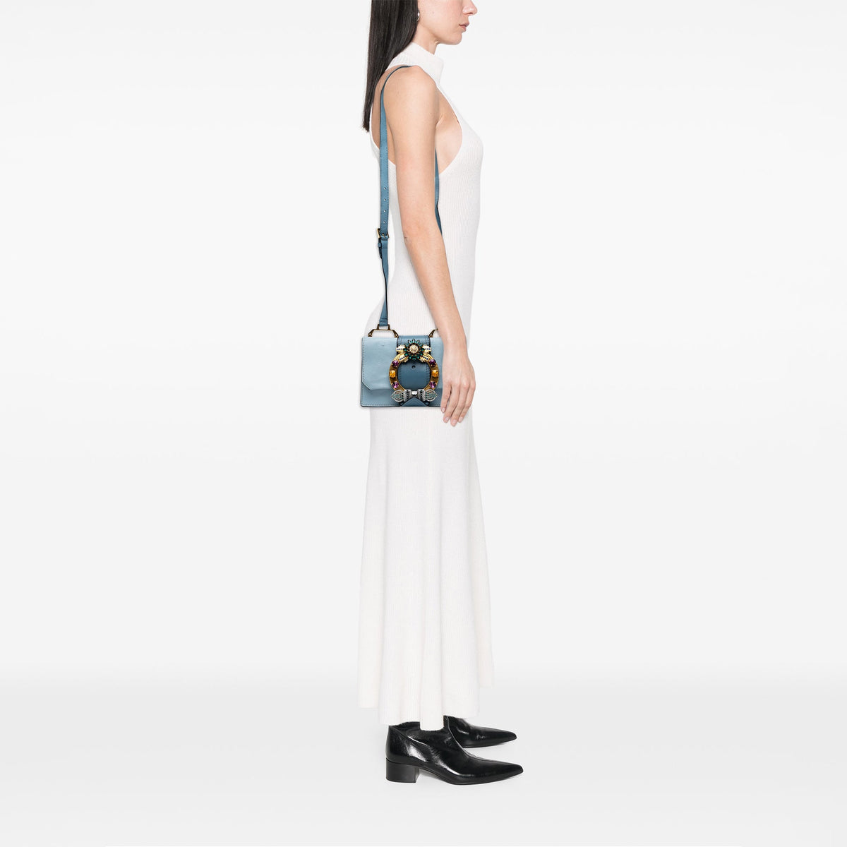 Miu Miu Goatskin Madras Soft Calf Crystal Embellished Crossbody — Blue