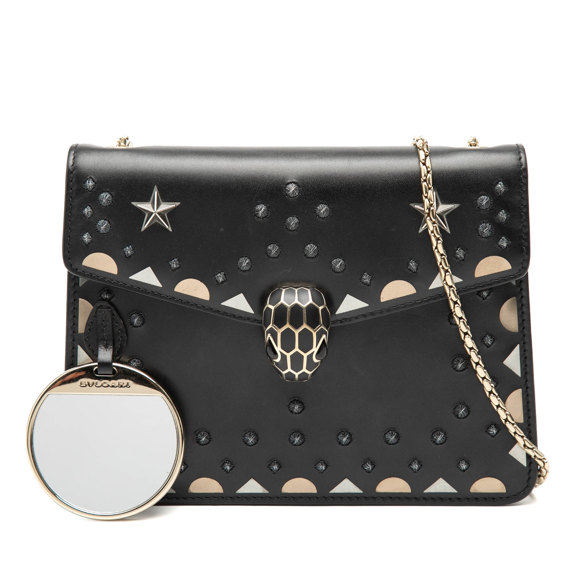 Bvlgari Small Studded Leather Laser Cut Square Serpenti Forever Chain Crossbody
