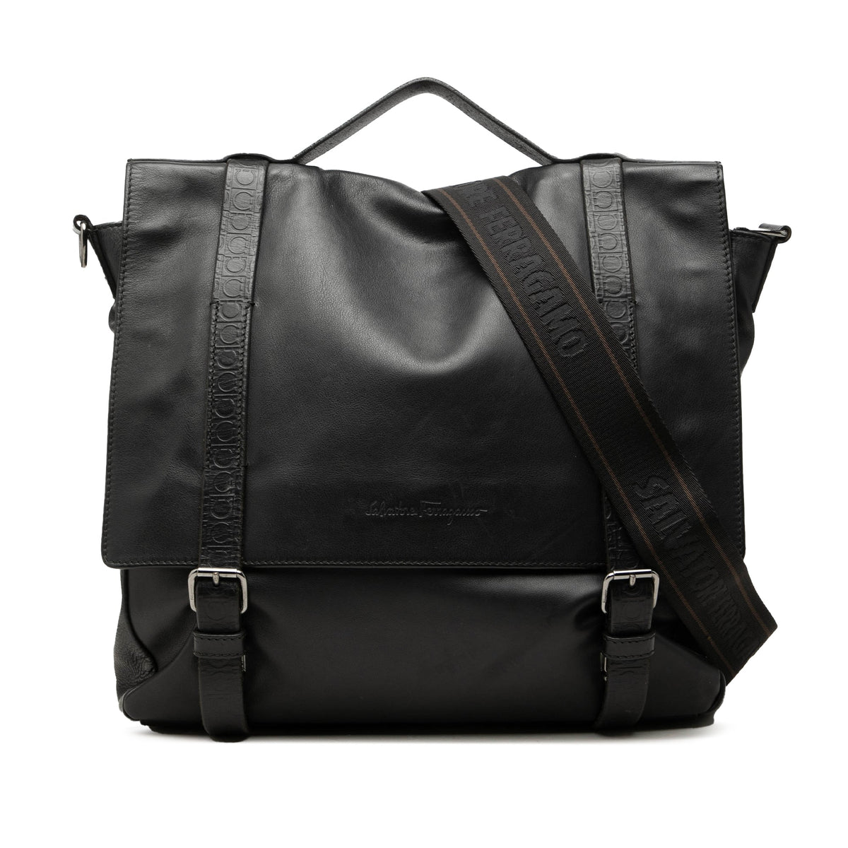 Ferragamo Gancini Trimmed Calfskin Messenger Bag — Black