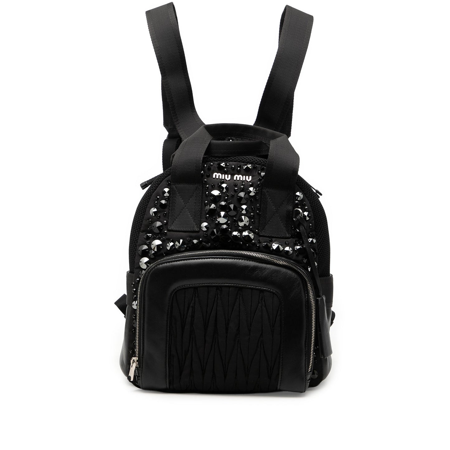 Miu Miu Leather Trimmed Matelasse Crystal Embellished Nylon Backpack
