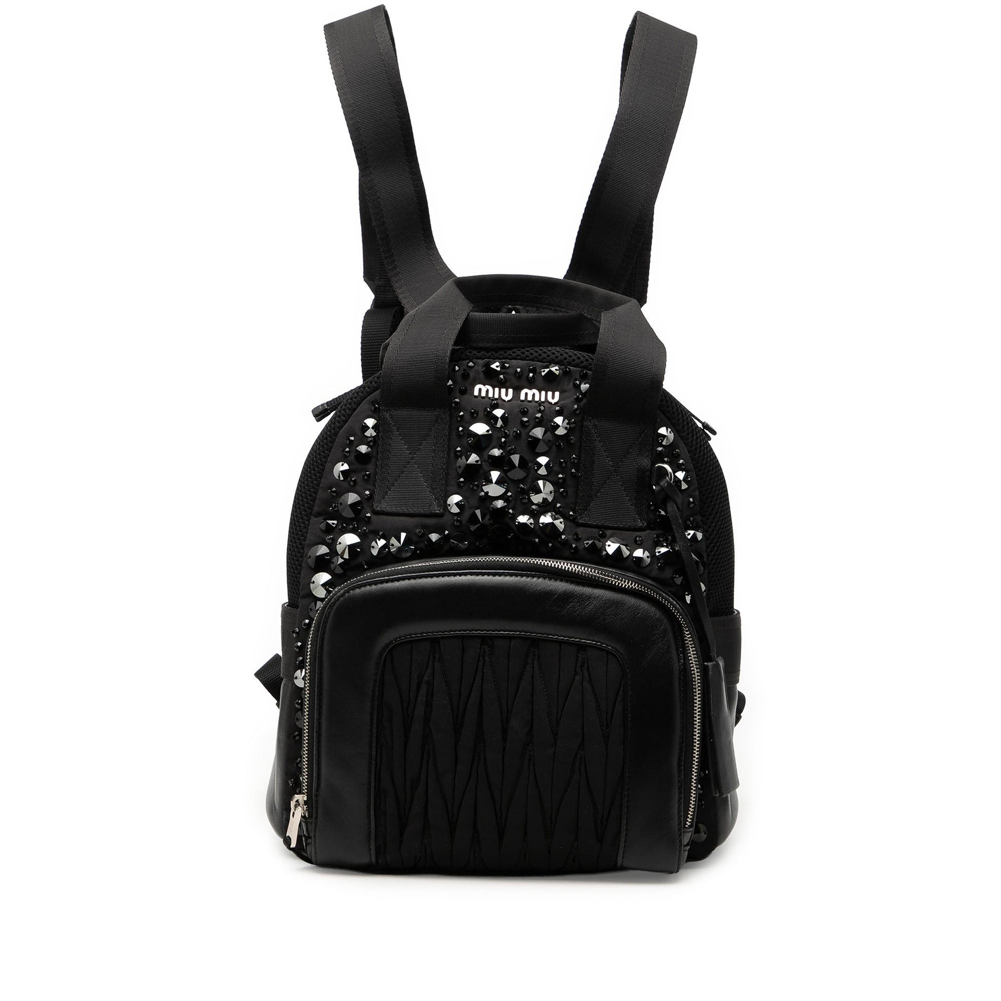 Miu Miu Leather Trimmed Matelasse Crystal Embellished Nylon Backpack