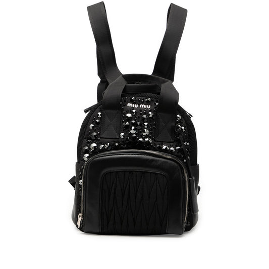 Miu Miu Leather Trimmed Matelasse Crystal Embellished Nylon Backpack