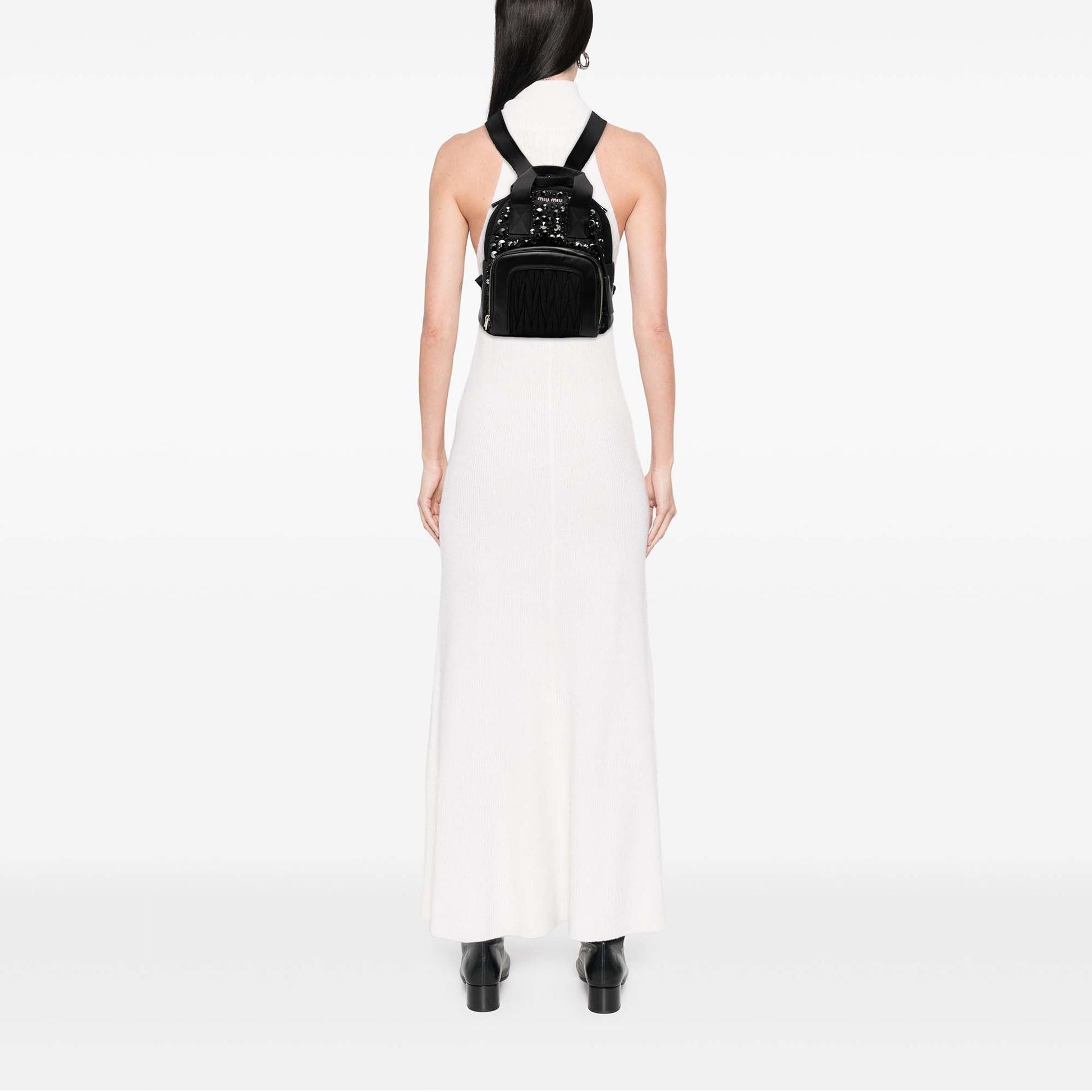 Miu Miu Leather Trimmed Matelasse Crystal Embellished Nylon Backpack