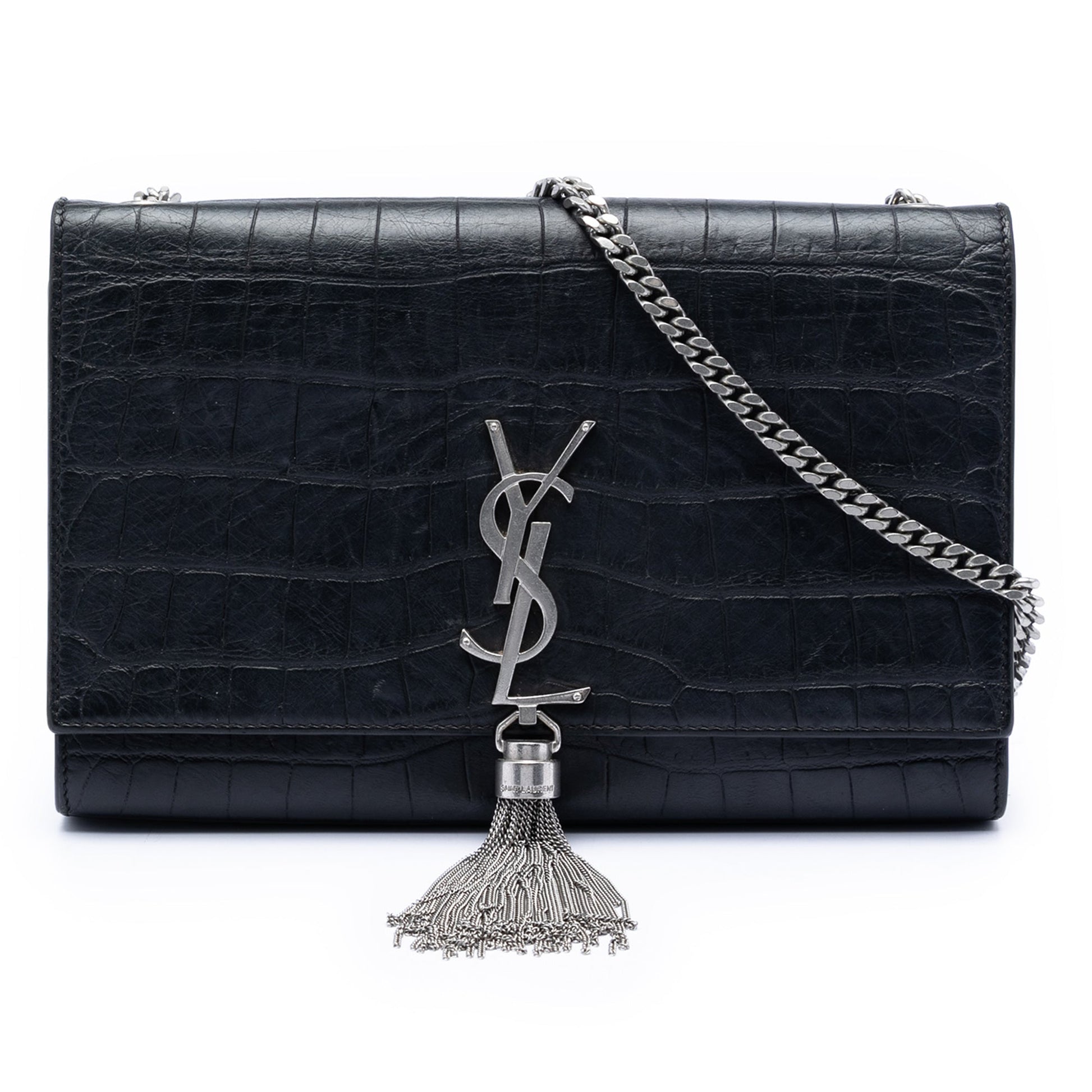Saint Laurent Medium Croc Embossed Leather Kate Tassel Crossbody