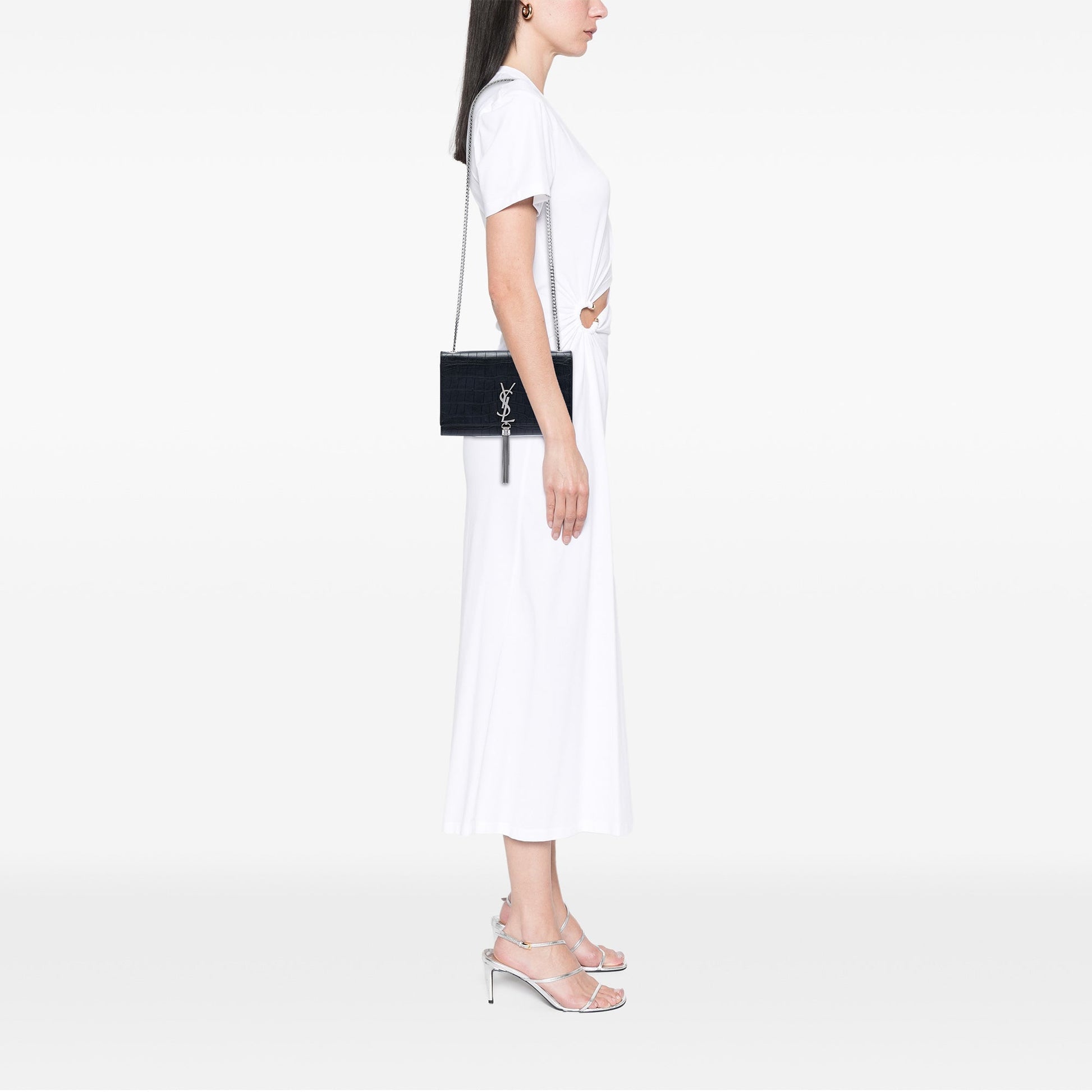 Saint Laurent Medium Croc Embossed Leather Kate Tassel Crossbody