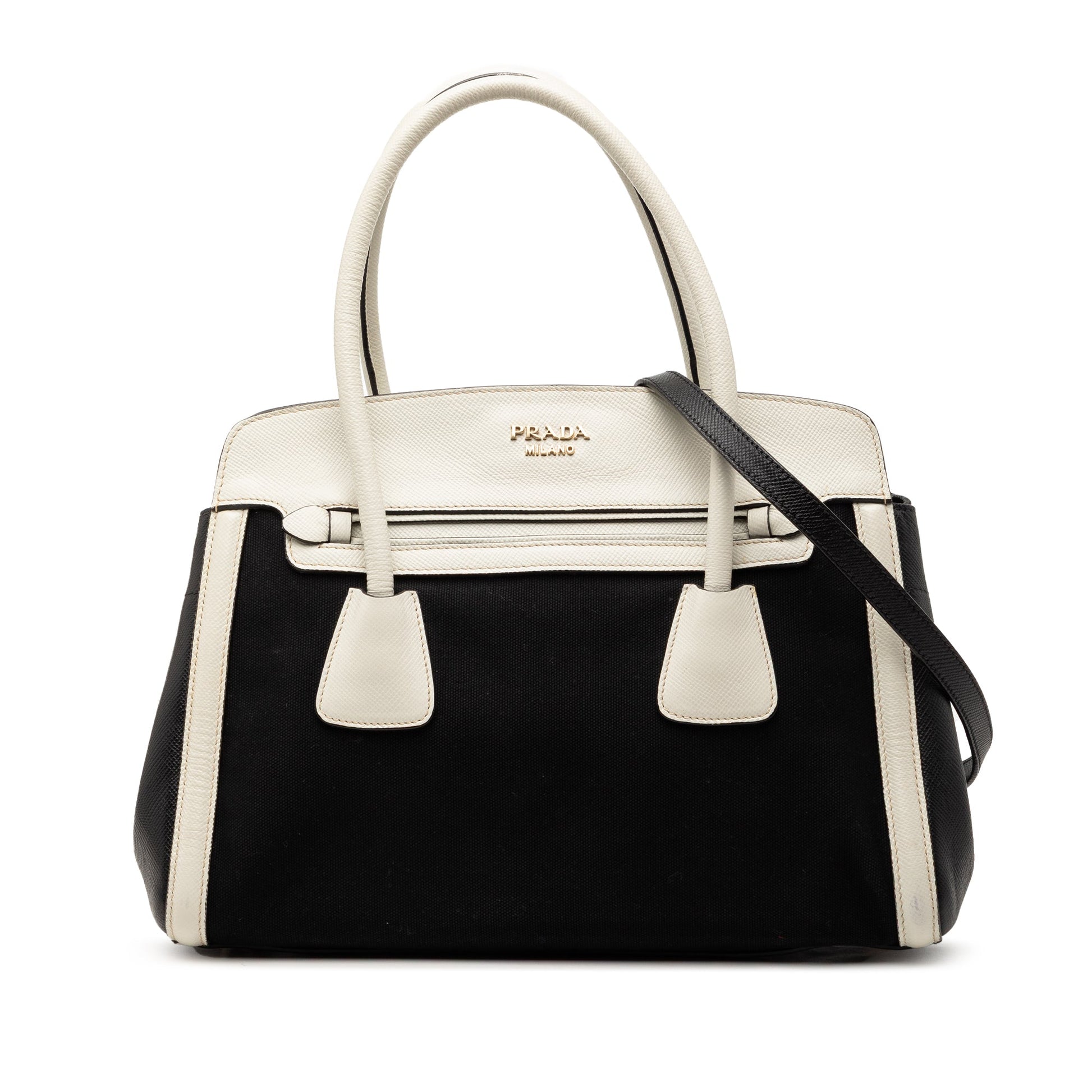 Prada Bicolor Saffiano Cuir Trimmed Canvas Satchel