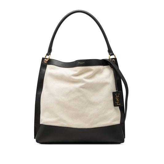 Saint Laurent Bicolor Canvas and Calfskin Tag Hobo