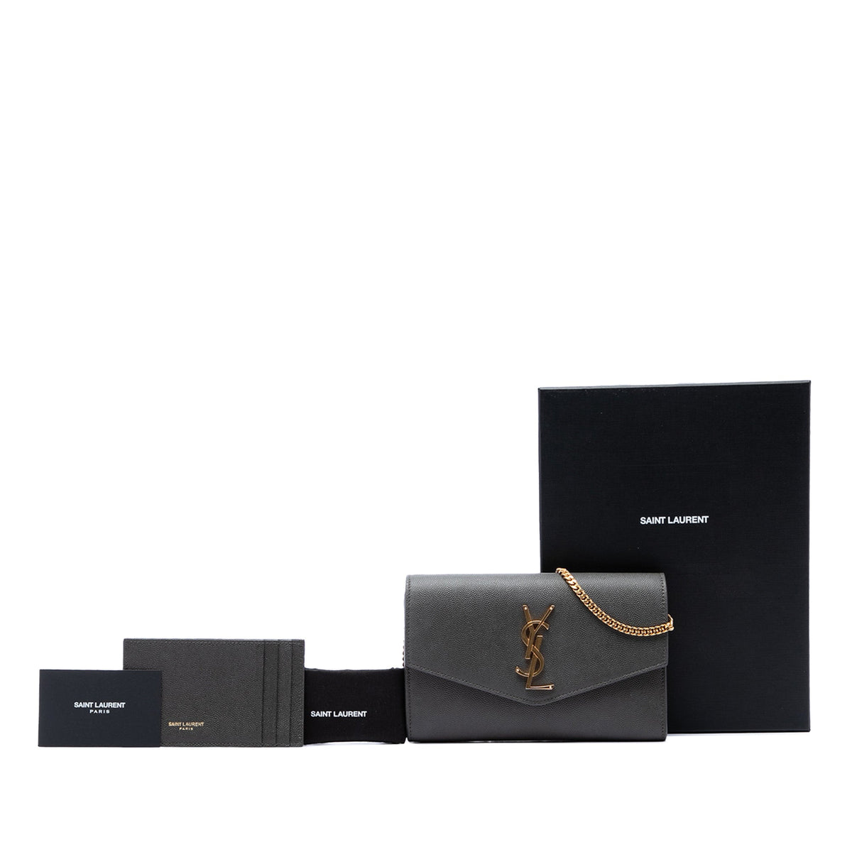 Saint Laurent Grain De Poudre Uptown Chain Wallet — Gray