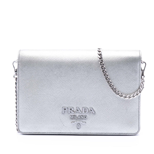 Prada Metallic Saffiano Lux Wallet on Chain