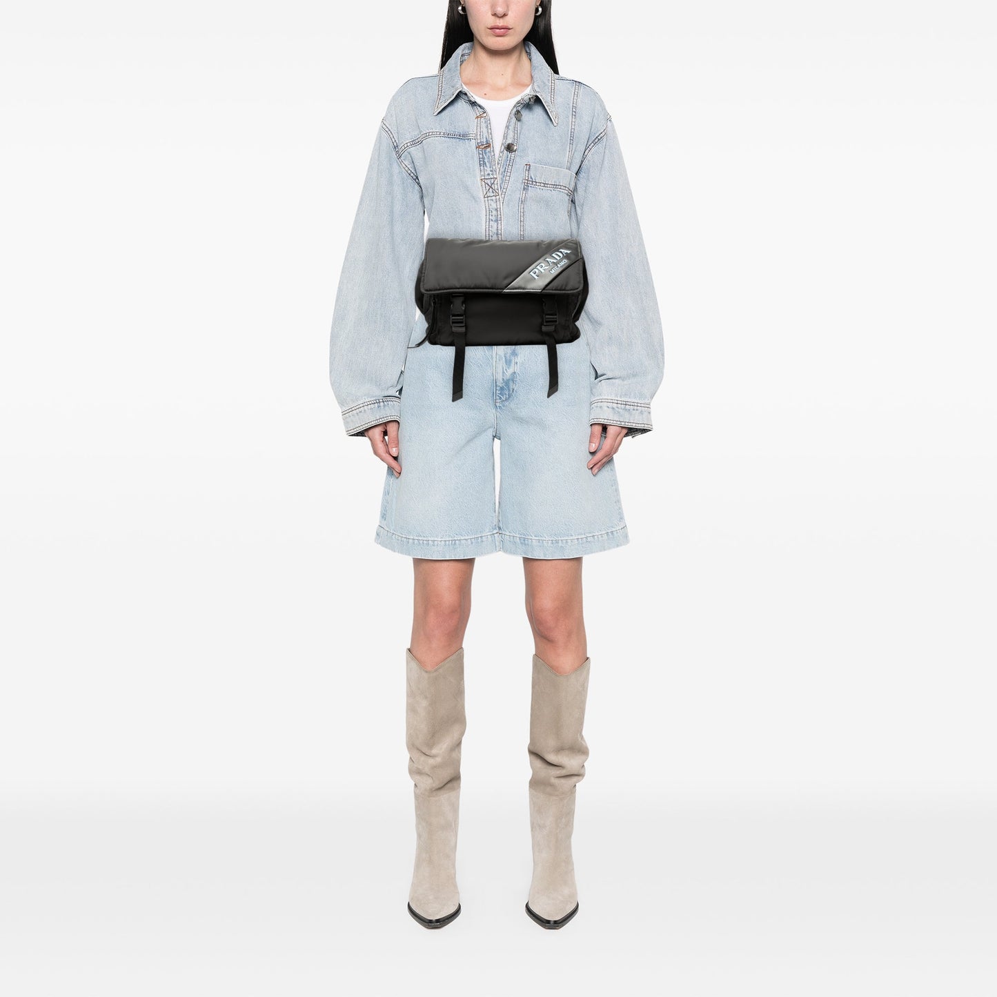 Prada Soft Calf Trimmed Tessuto Double Buckle Belt Bag