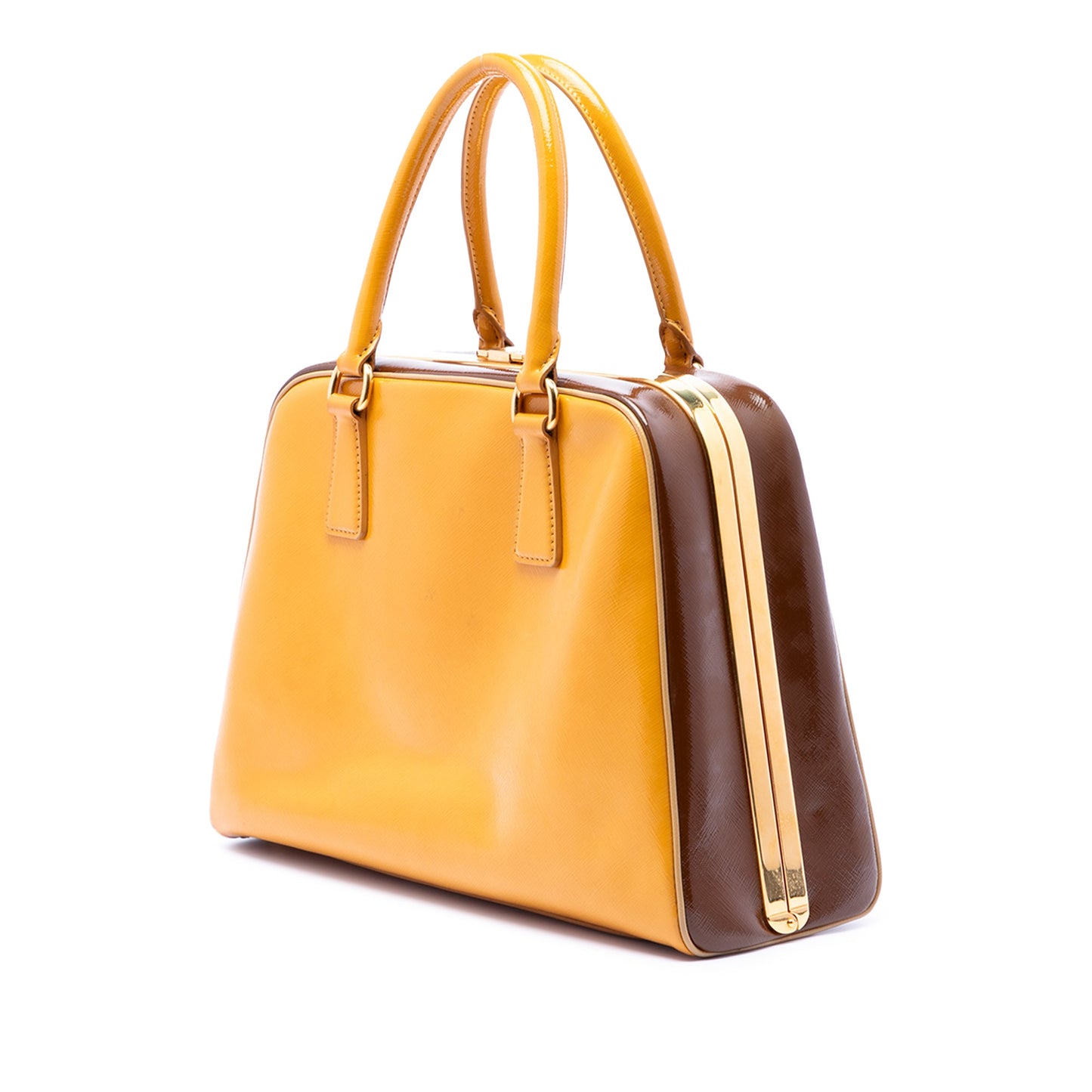 Prada Bicolor Saffiano Vernice Pyramid Frame Handbag