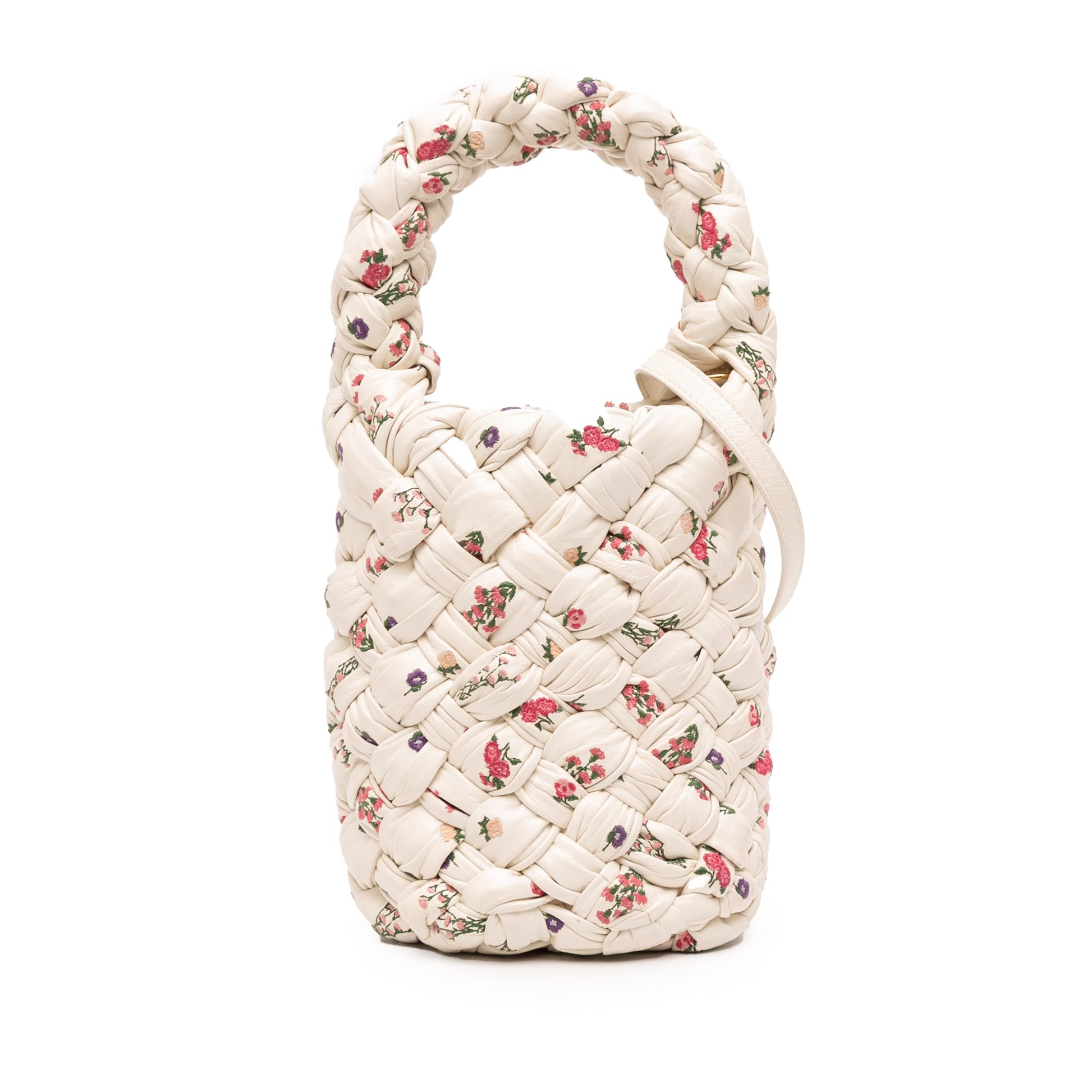 Bottega Veneta Small Floral Printed Leather Intrecciato Kalimero Bucket Bag