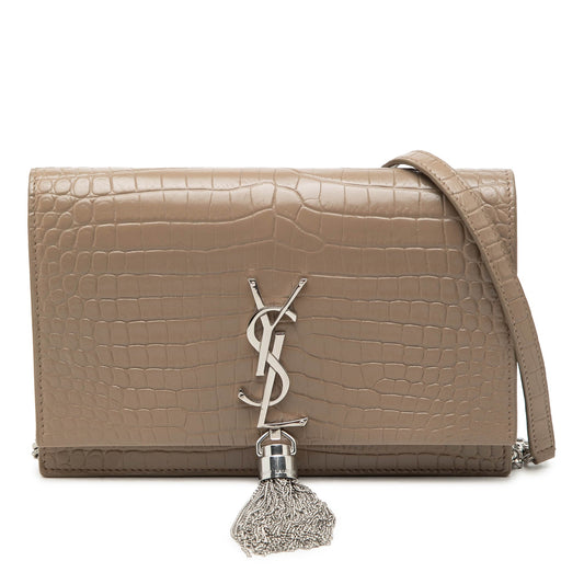 Saint Laurent Small Croc Embossed Leather Monogram Kate Tassel Wallet on Chain