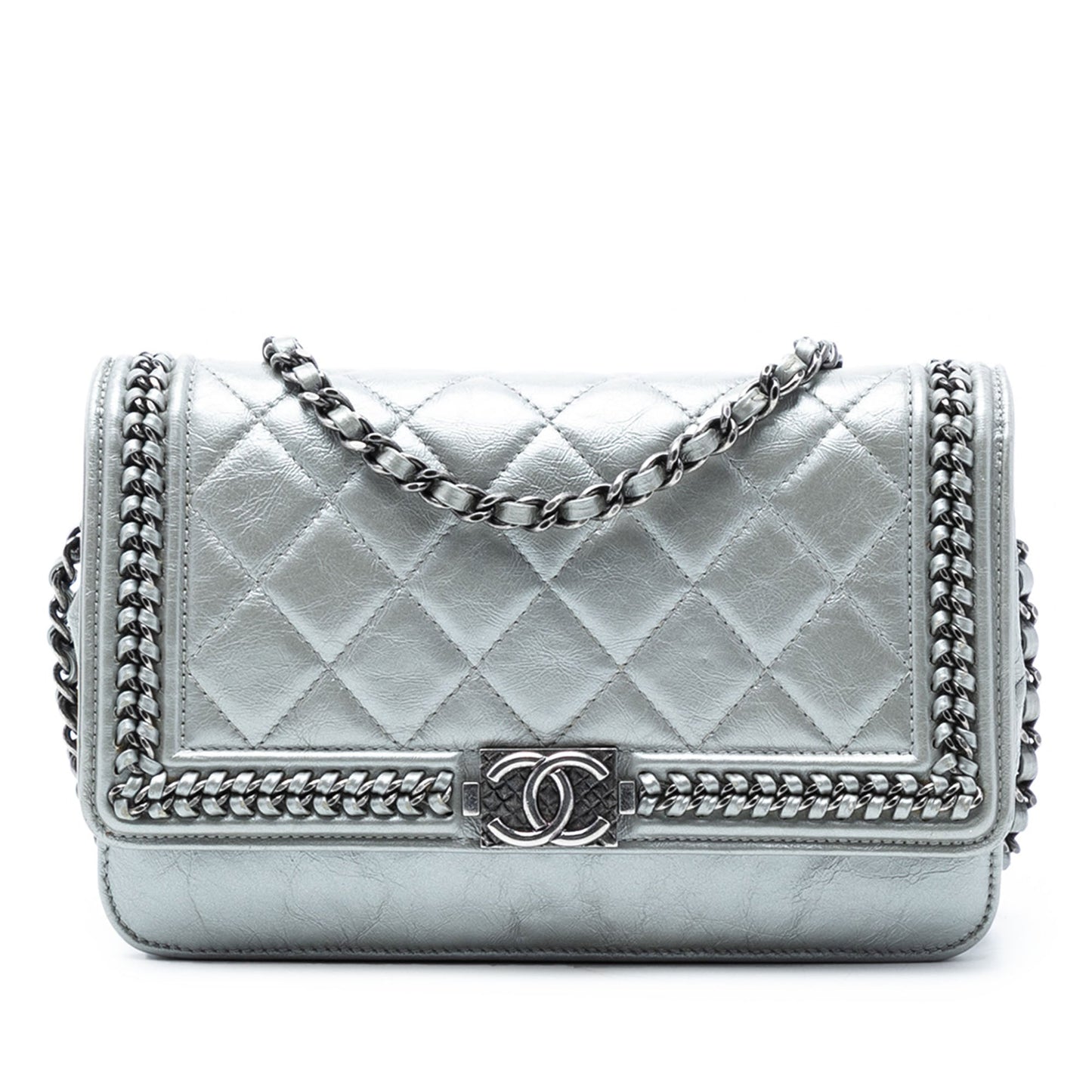 Chanel Quilted Crinkled Metallic Calfskin Boy Piped Wallet On Chain