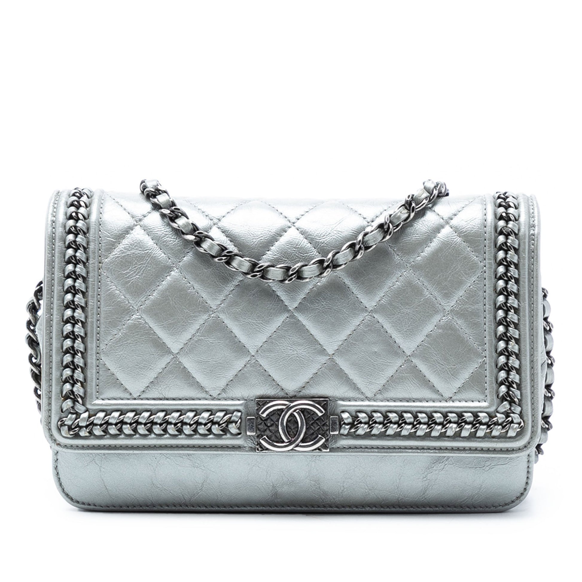 Chanel Quilted Crinkled Metallic Calfskin Boy Piped Wallet On Chain
