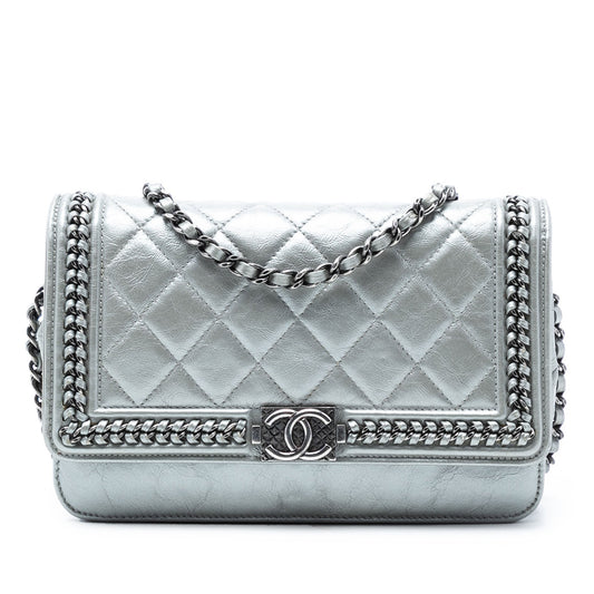 Chanel Quilted Crinkled Metallic Calfskin Boy Piped Wallet On Chain