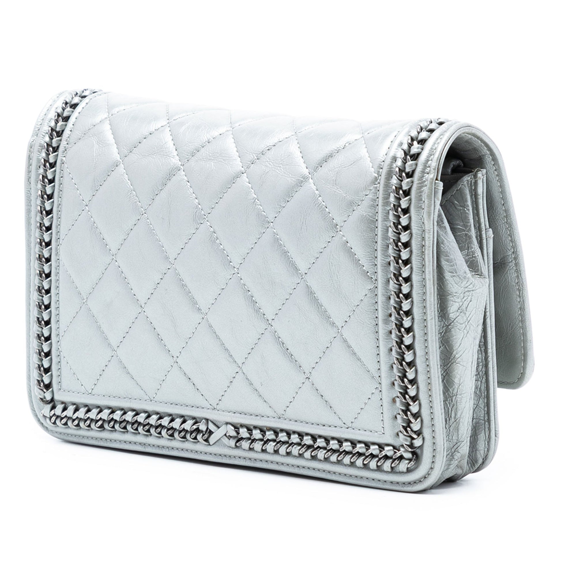Chanel Quilted Crinkled Metallic Calfskin Boy Piped Wallet On Chain