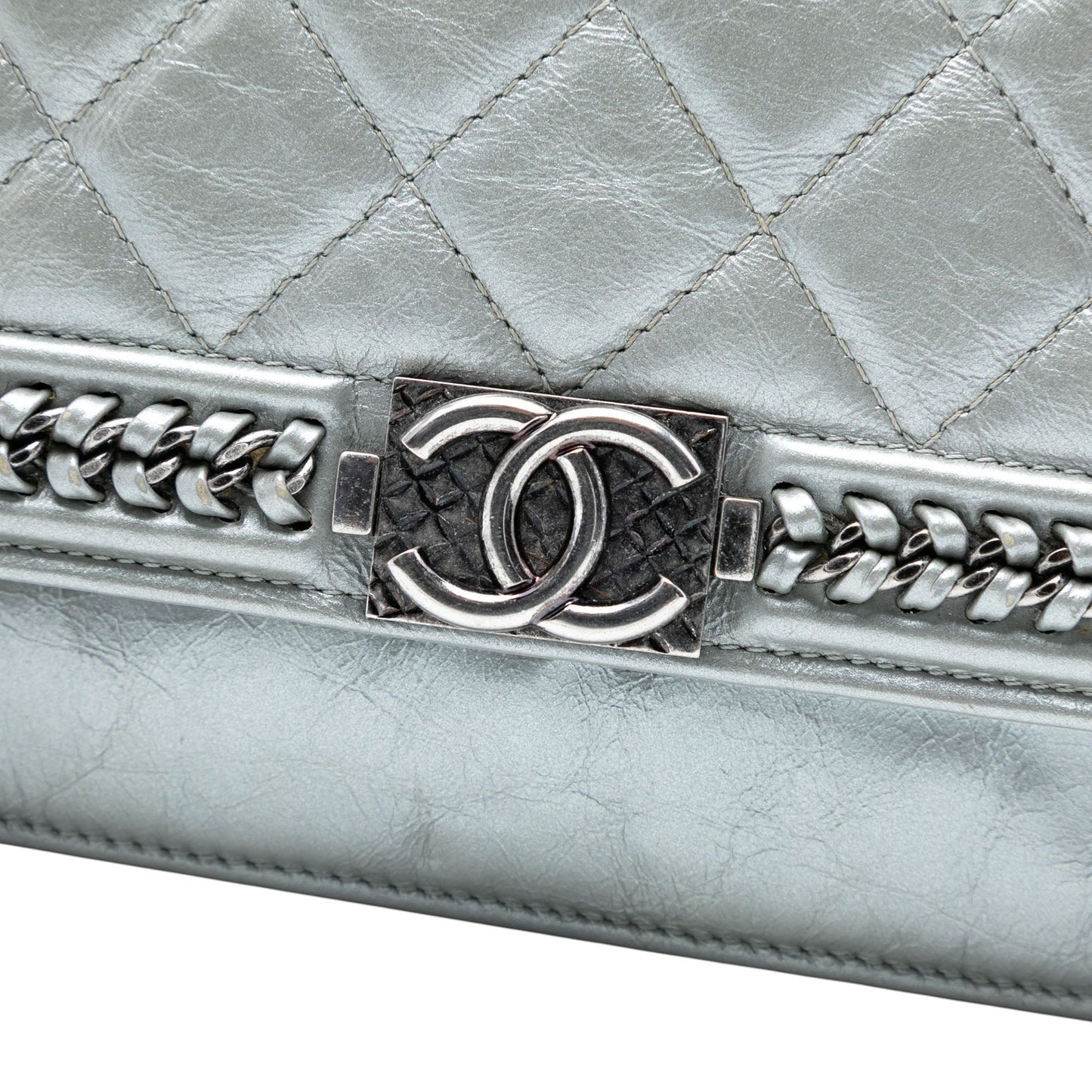 Chanel Quilted Crinkled Metallic Calfskin Boy Piped Wallet On Chain