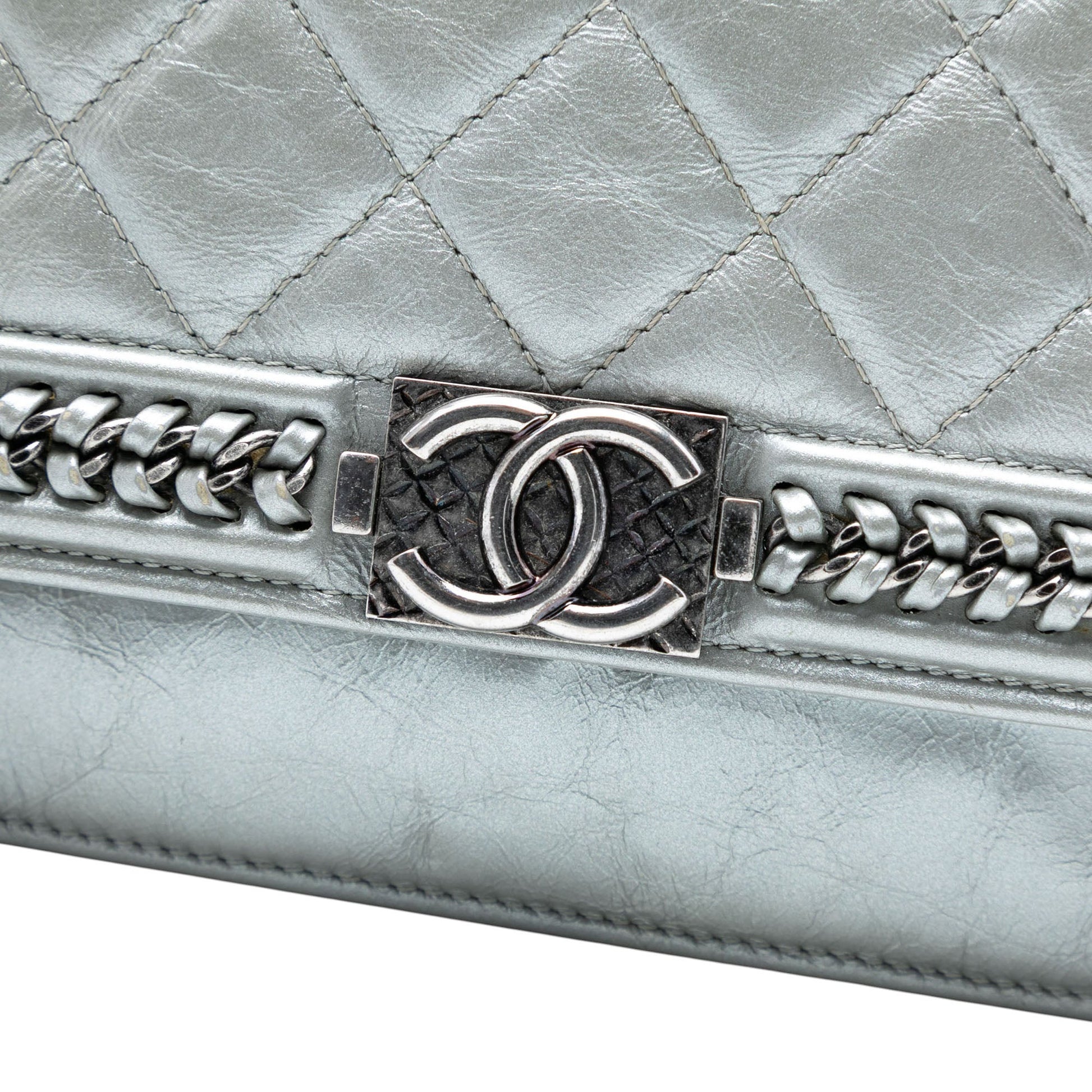 Chanel Quilted Crinkled Metallic Calfskin Boy Piped Wallet On Chain