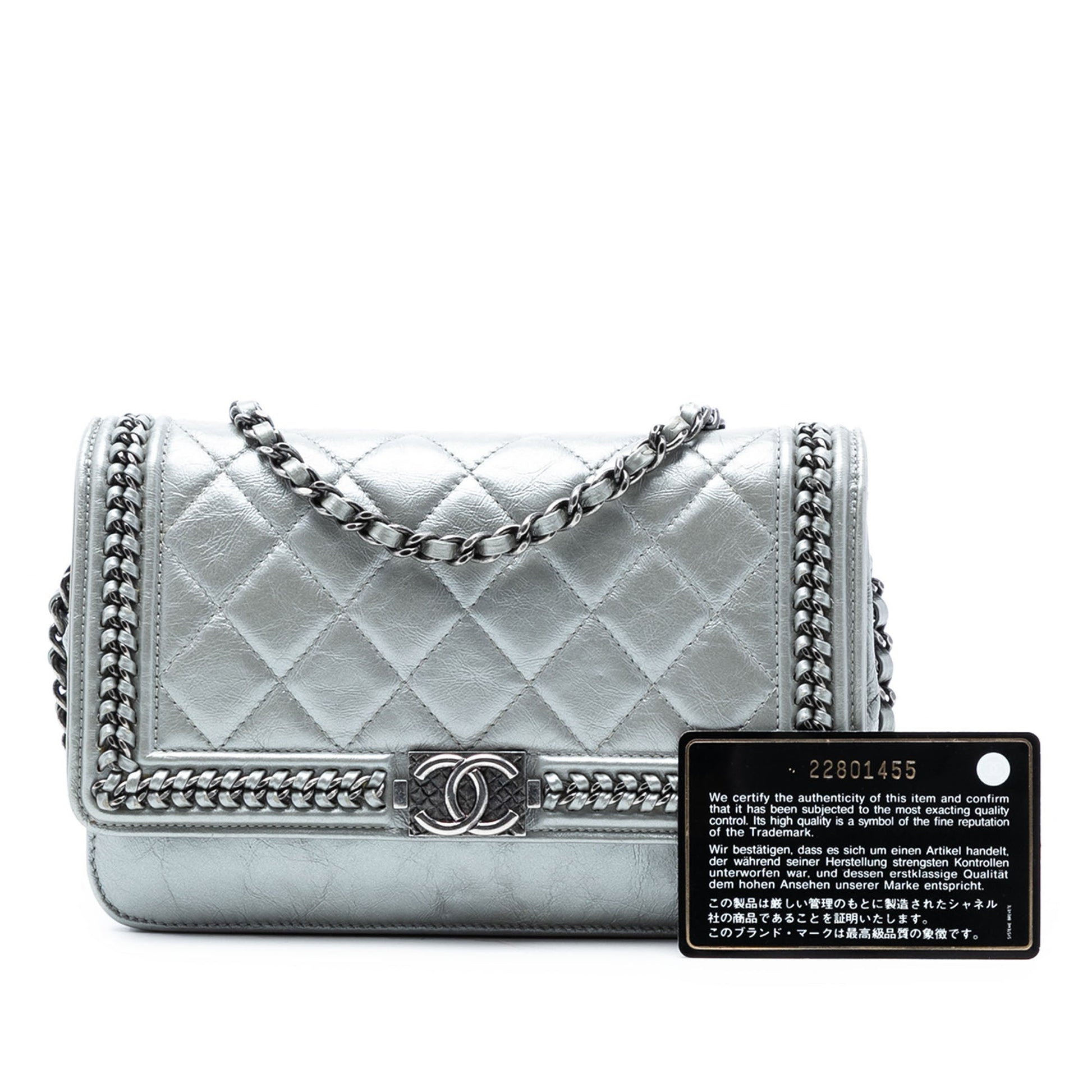 Chanel Quilted Crinkled Metallic Calfskin Boy Piped Wallet On Chain