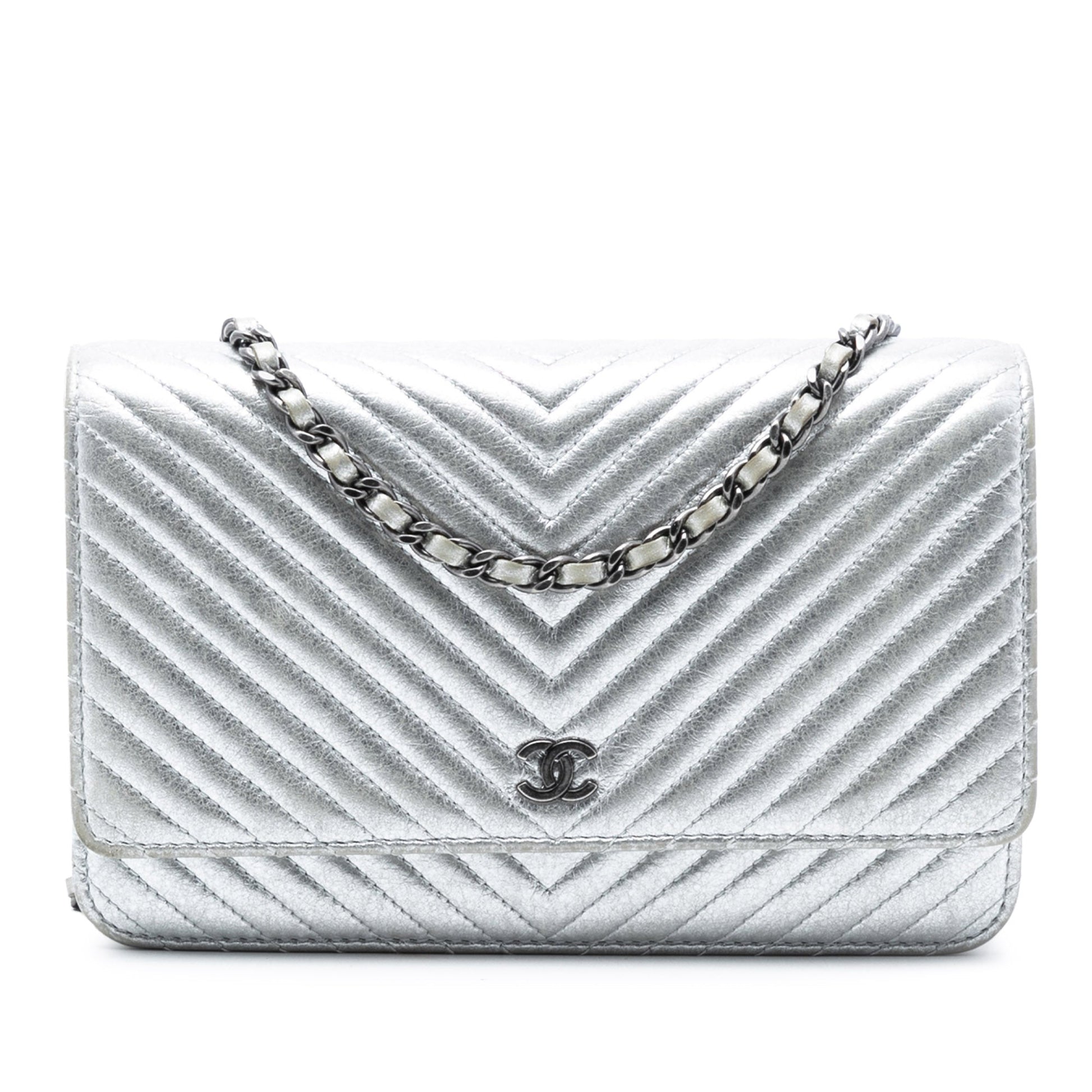 Chanel CC Chevron Metallic Lambskin Wallet On Chain