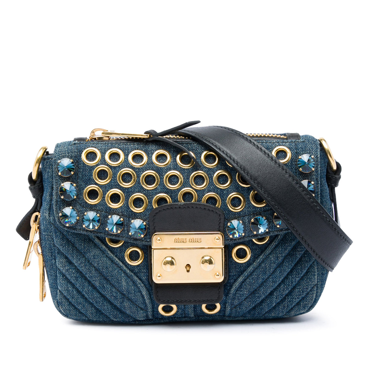 Miu Miu Denim Grommet and Crystal Embellished Biker Crossbody