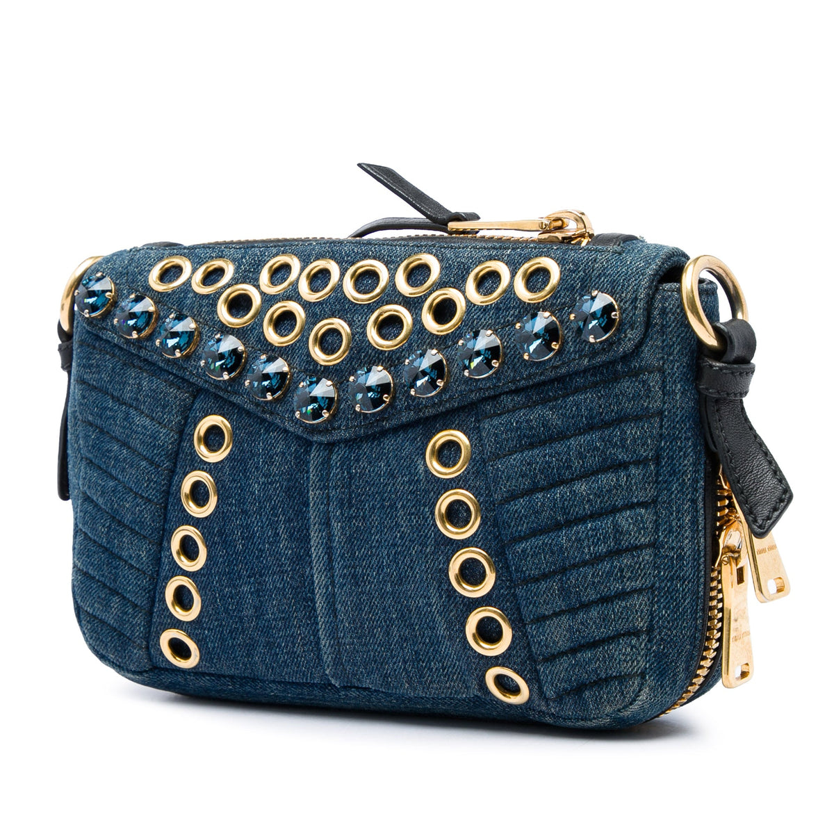 Miu Miu Denim Grommet and Crystal Embellished Biker Crossbody