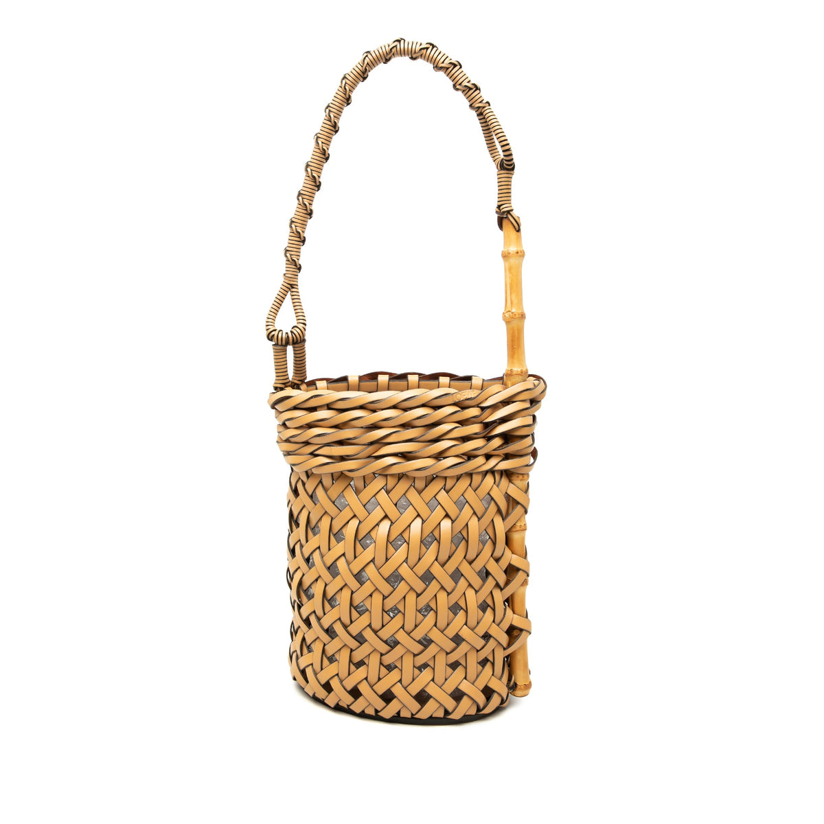 LOEWE Woven Leather and Bamboo Pin Bucket Bag — Beige