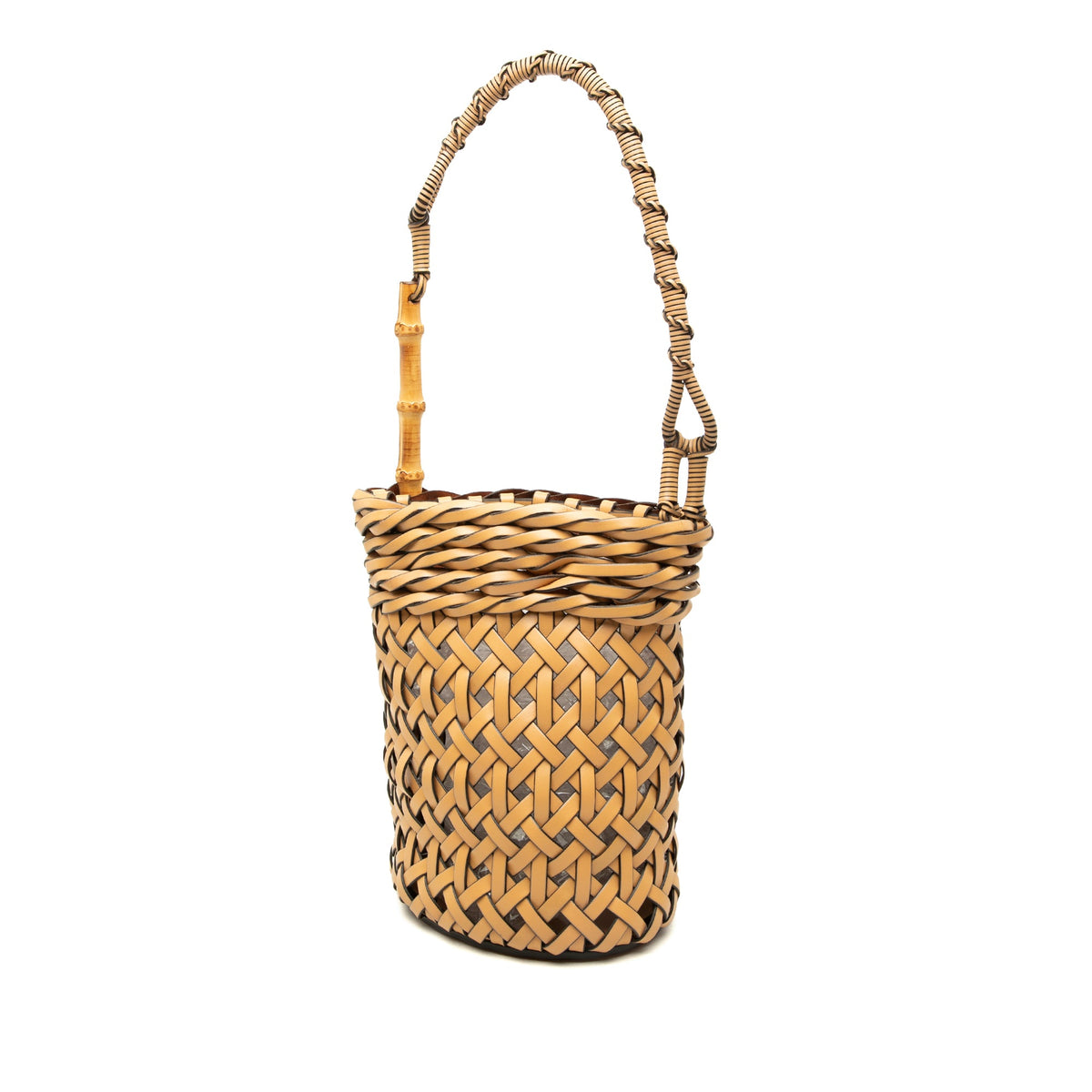LOEWE Woven Leather and Bamboo Pin Bucket Bag — Beige