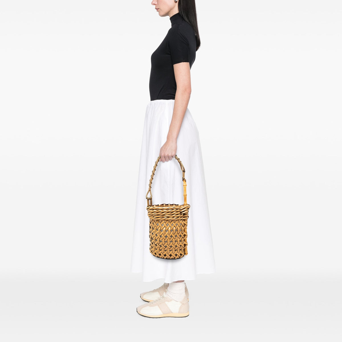 LOEWE Woven Leather and Bamboo Pin Bucket Bag — Beige