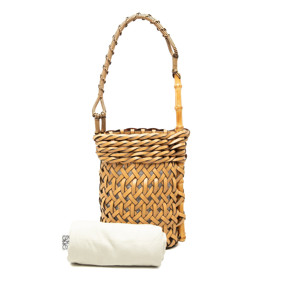 LOEWE Woven Leather and Bamboo Pin Bucket Bag — Beige