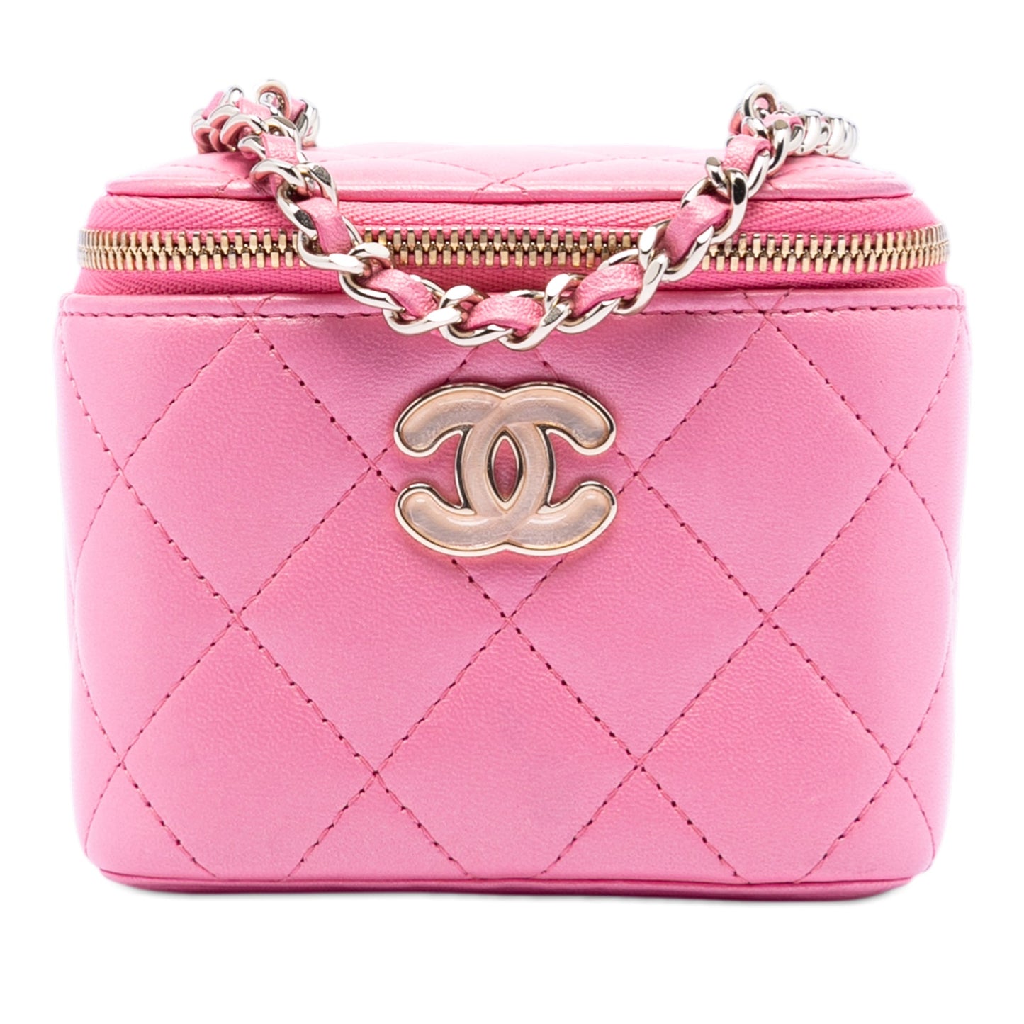 Chanel Mini CC Quilted Lambskin Beaded Heart Charms Chain Vanity Case