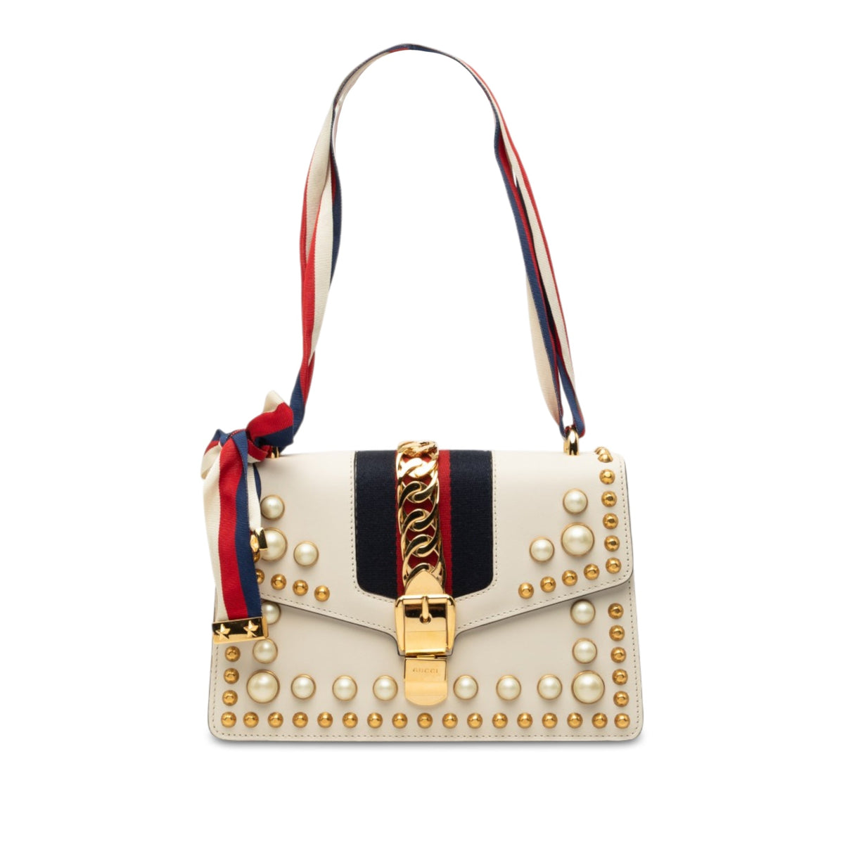 Gucci Small Studded and Pearl Embellished Calfskin Web Sylvie Satchel