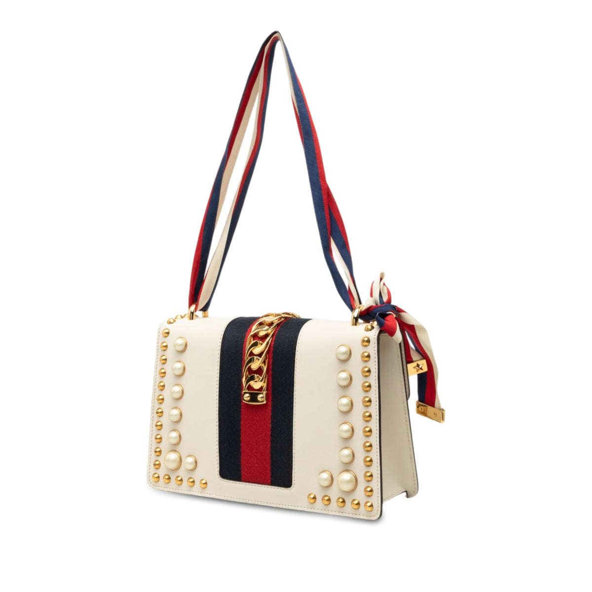 Gucci Small Studded and Pearl Embellished Calfskin Web Sylvie Satchel