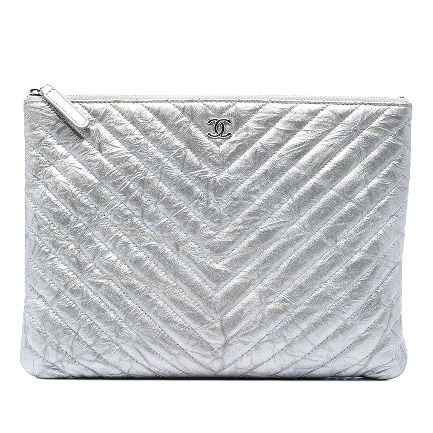 Chanel Medium Chevron Metallic Aged Calfskin O Case Clutch