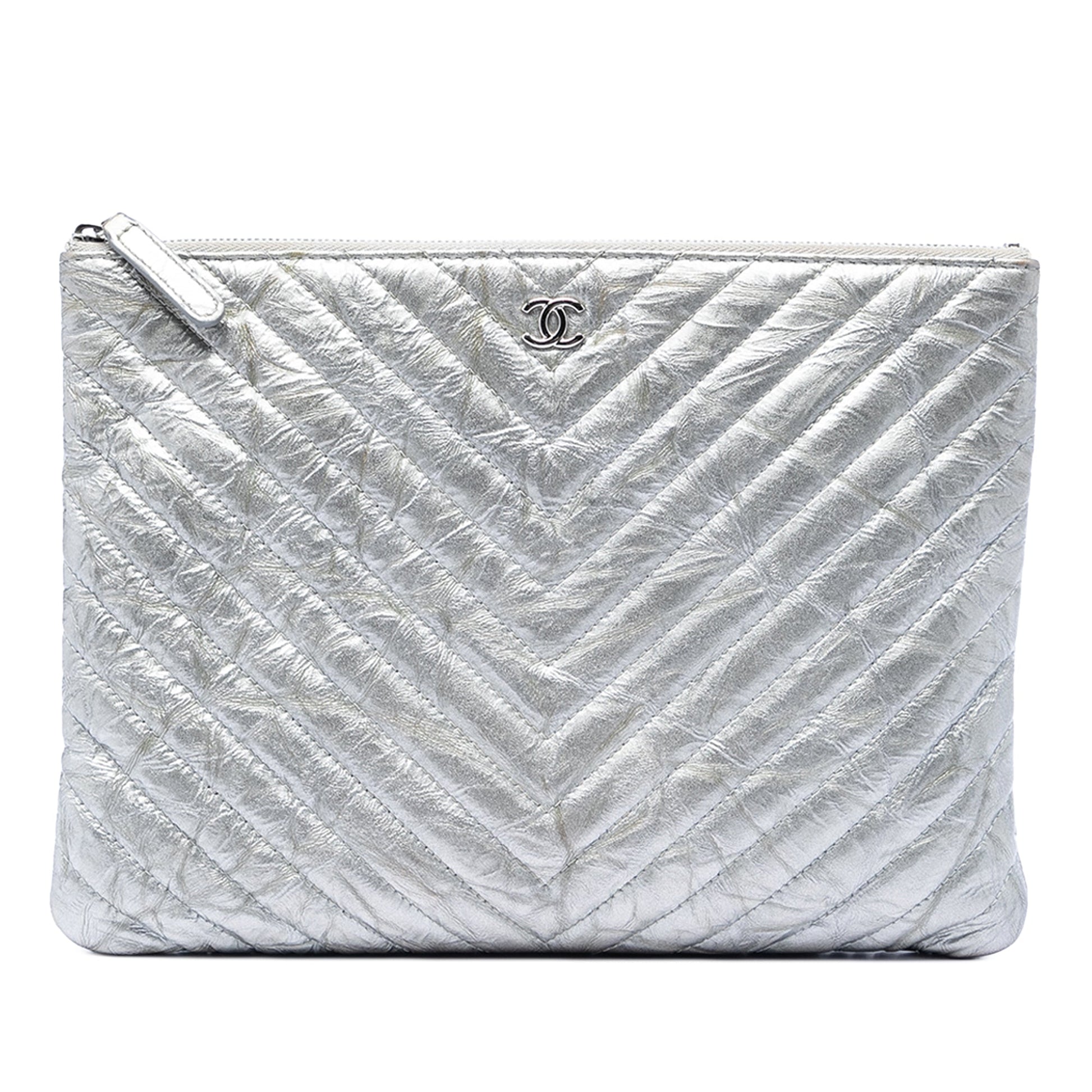 Chanel Medium Chevron Metallic Aged Calfskin O Case Clutch