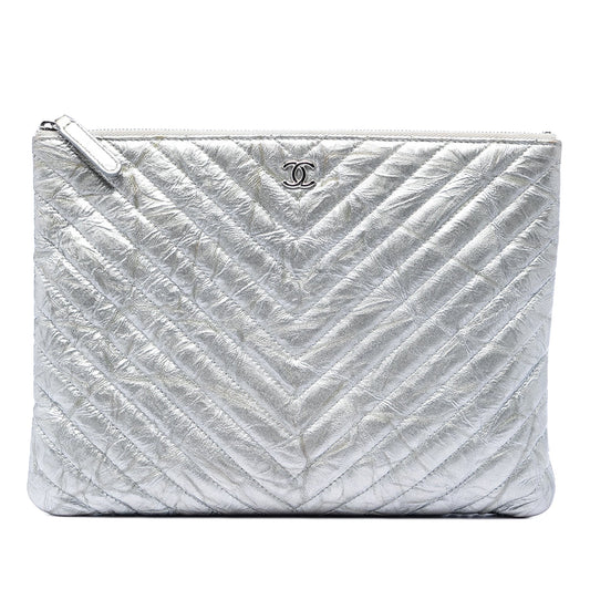 Chanel Medium Chevron Metallic Aged Calfskin O Case Clutch