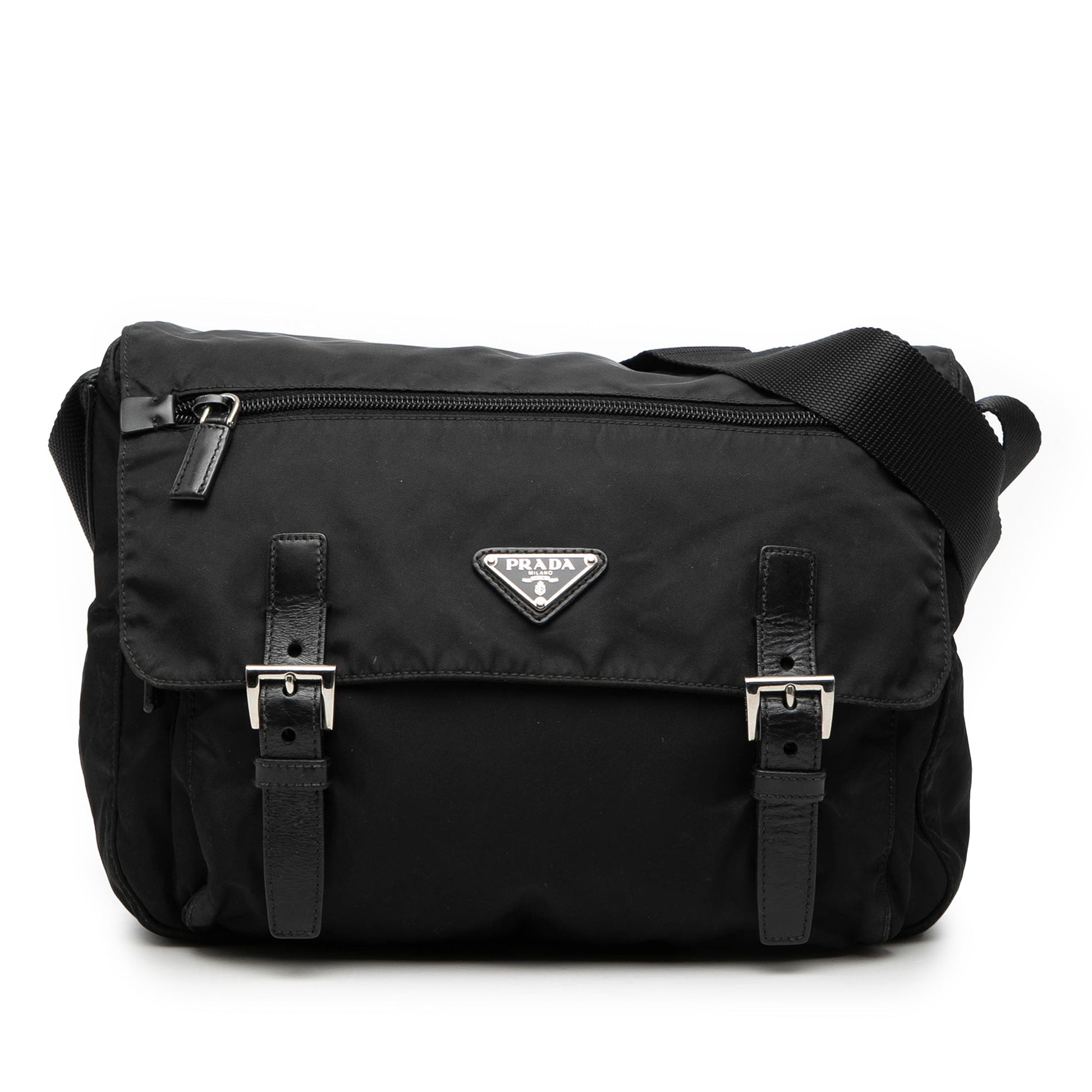 Prada Tessuto Zip Double Buckle Messenger Bag