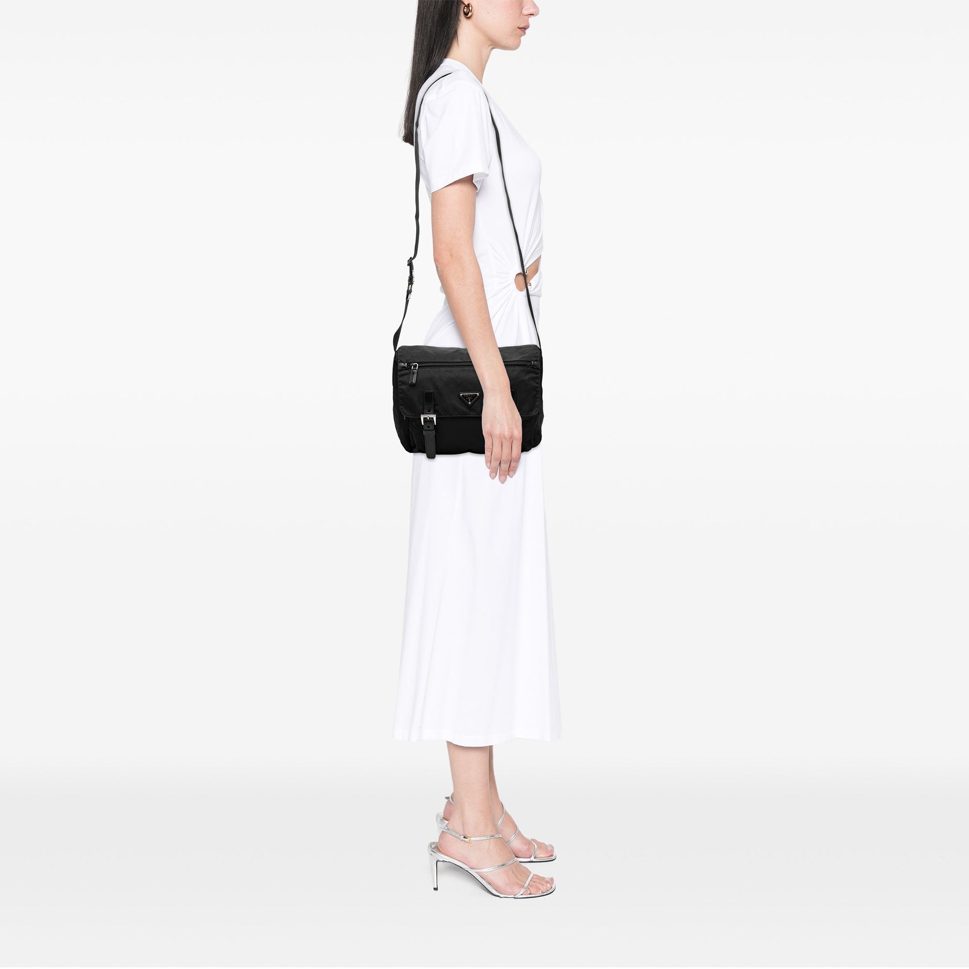 Prada Tessuto Zip Double Buckle Messenger Bag