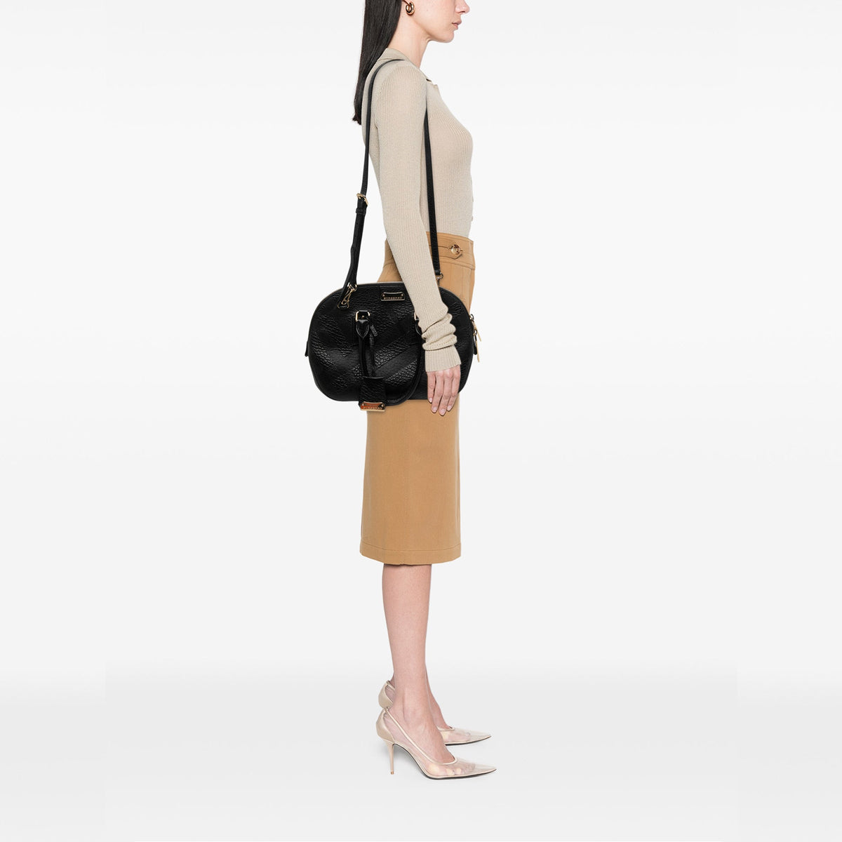 Burberry Small Heritage Grain Check Embossed Leather Orchard Bowling Bag — Black