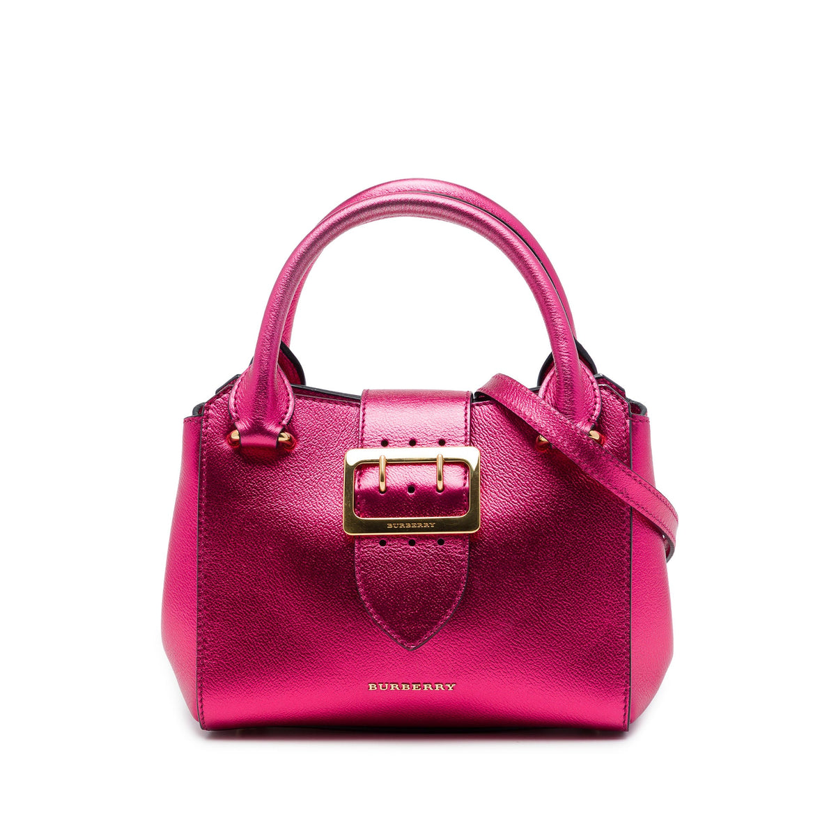 Burberry Small Metallic Leather Buckle Tote — Pink