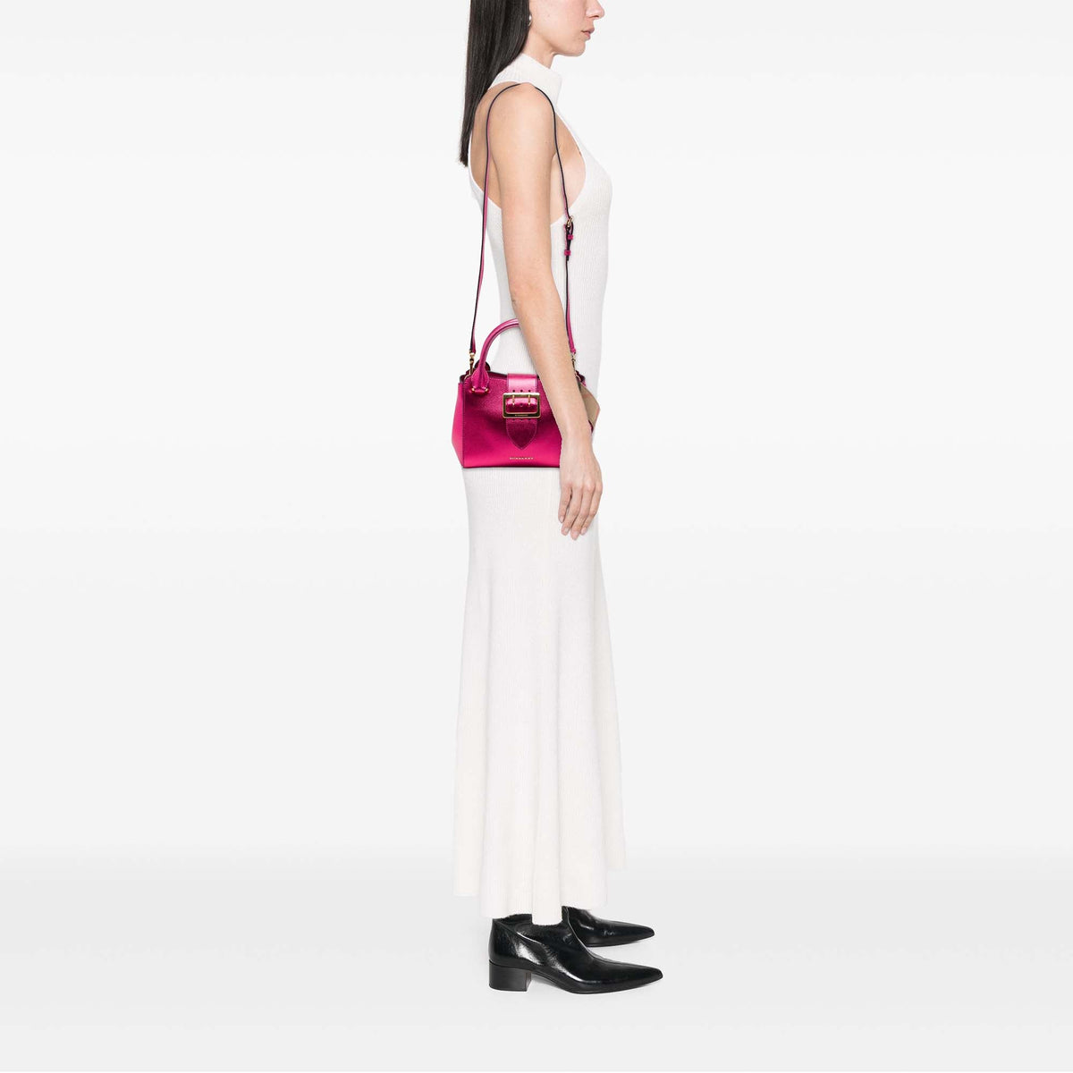 Burberry Small Metallic Leather Buckle Tote — Pink