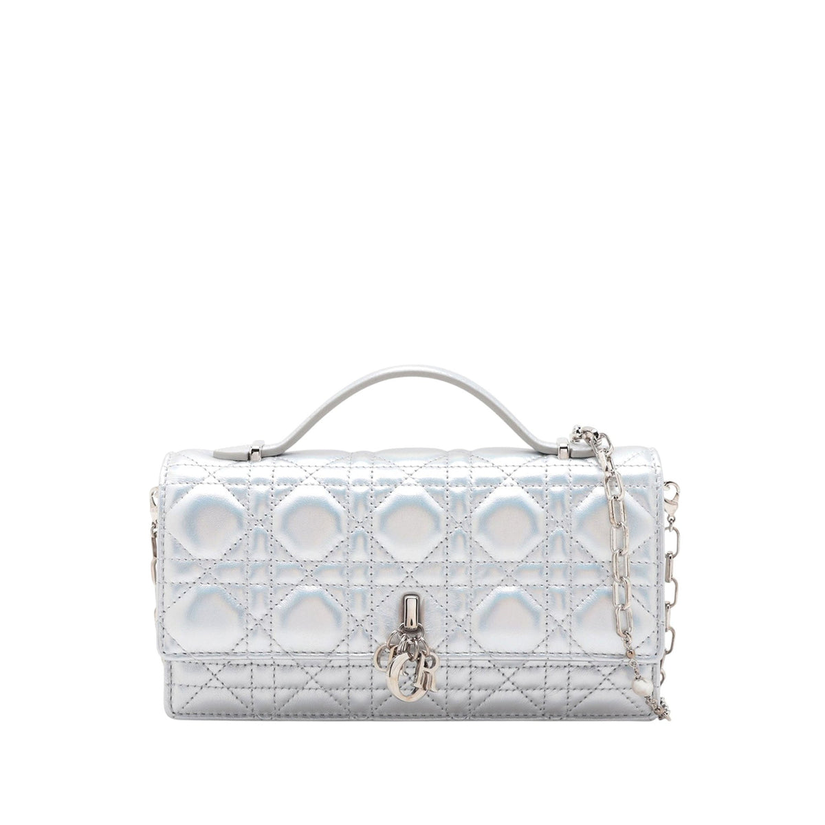 Dior Mini Iridescent Metallic Lambskin Cannage My Dior Bag — Silver